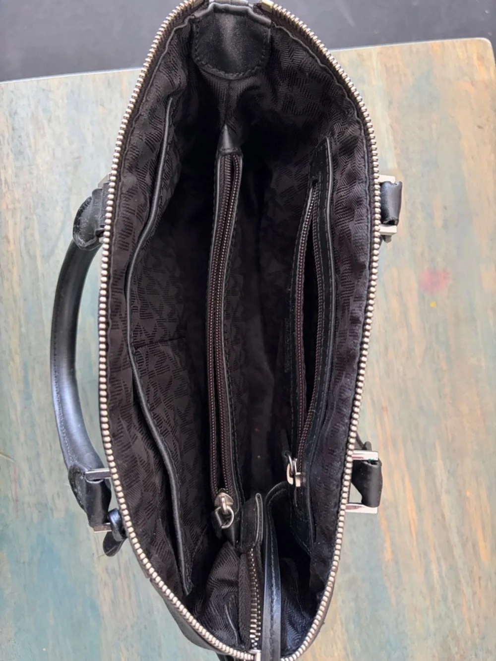 Michael Kors Black Satchel Textured Logo Exterior MK Charm Zip Top Handbag - Picture 2 of 5